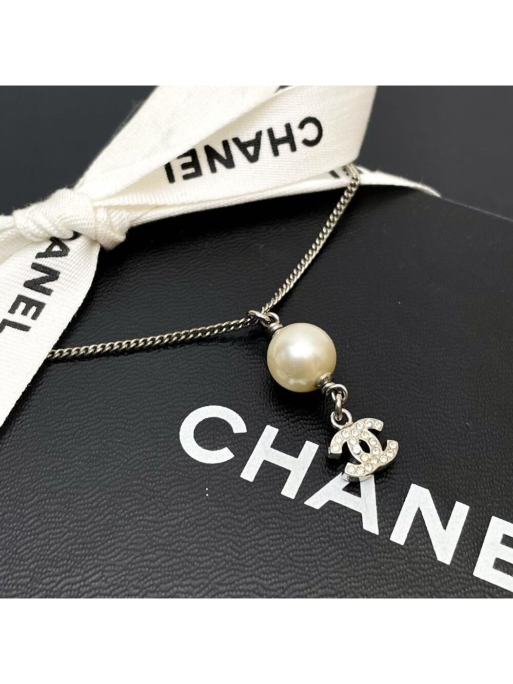Chanel CC Logo Necklace 07A Pearl Rhinestone Silver